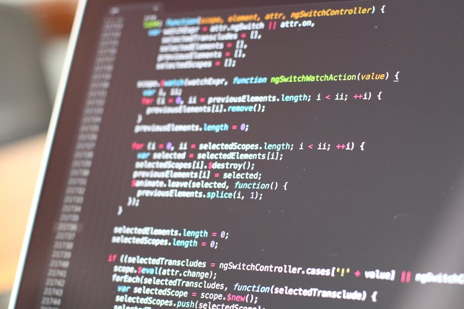 The image shows a computer screen displaying a code editor with an open HTML document. The editor features a dark theme with syntax highlighting, where tags like <html>, <head>, <title&